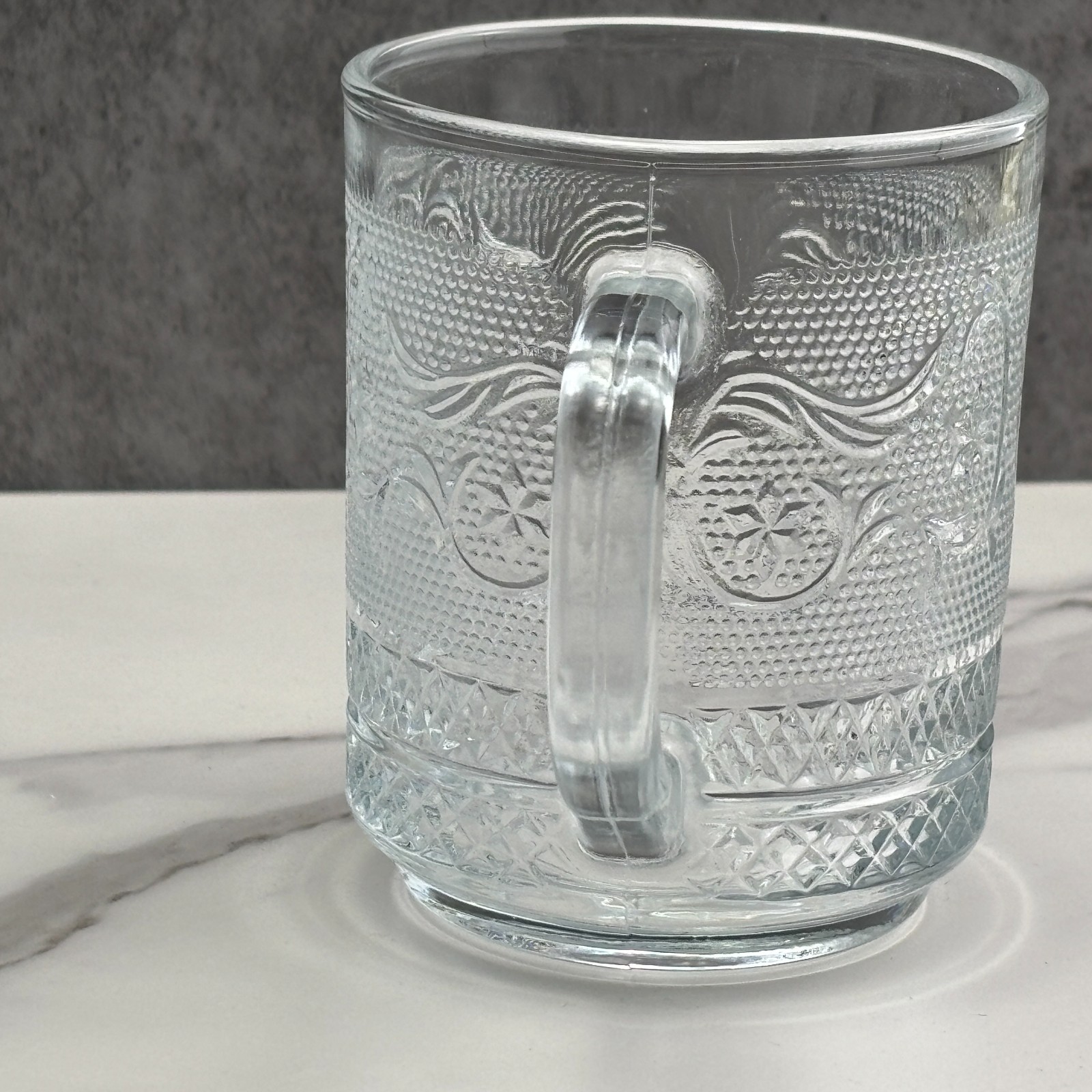 KIG Malaysia Coffee Mugs Tea Cups Clear Glass Trellis Fleur De Lis Set of 6