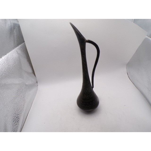 Vintage Etched Brass Pitcher Tall Slender Decorative Ewer Aftaba Dark Patina 10″