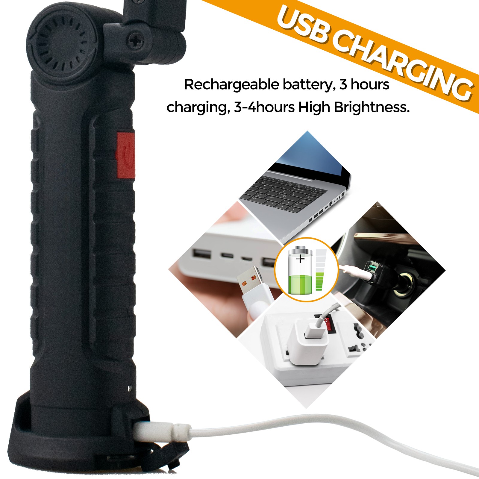 2 Pack Magnetic Base LED COB Work Light Rechargeable Mechanic Torch Flashlight