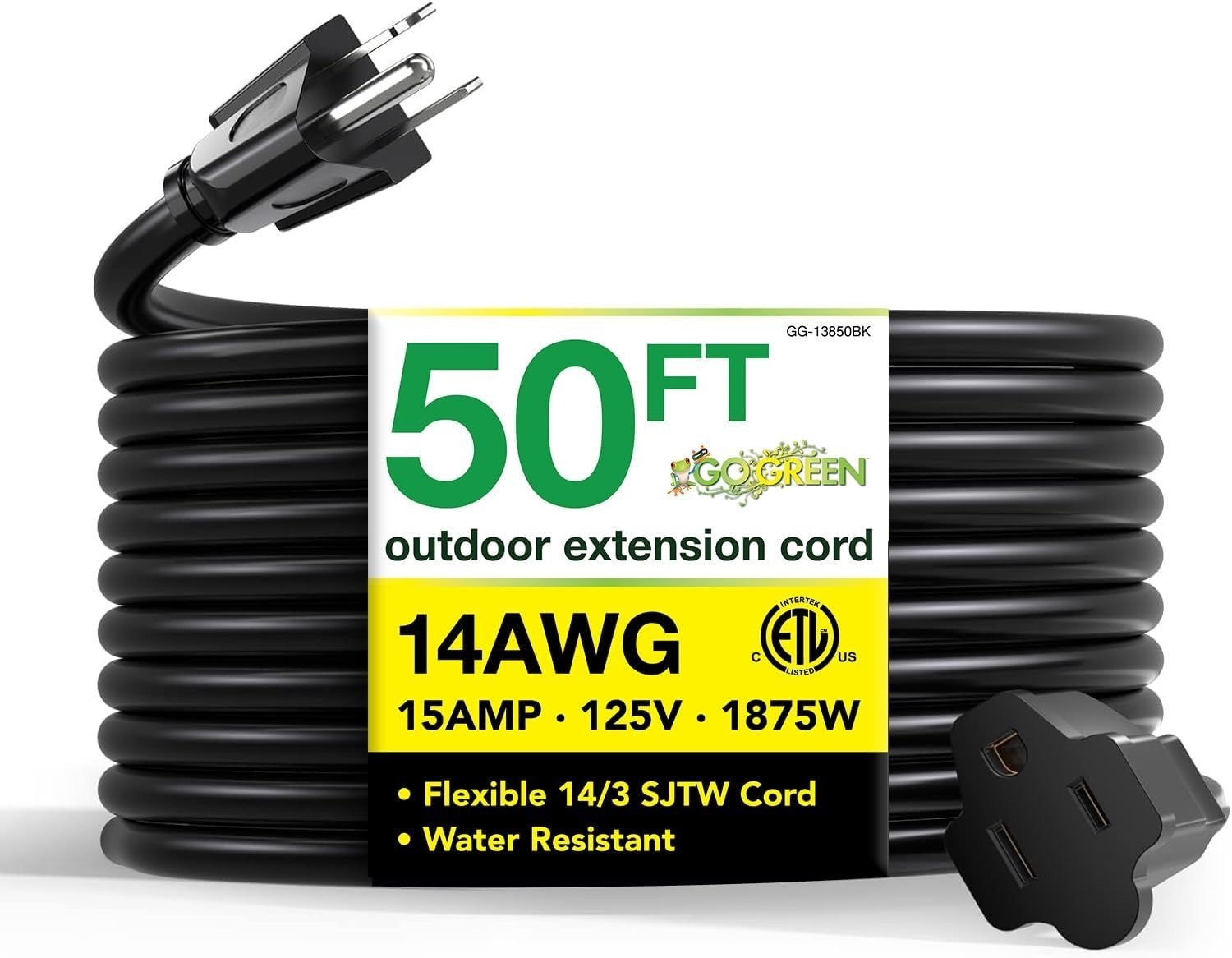 Go Green 50ft Heavy Duty Outdoor Extension Cord – Moisture Resistant Power