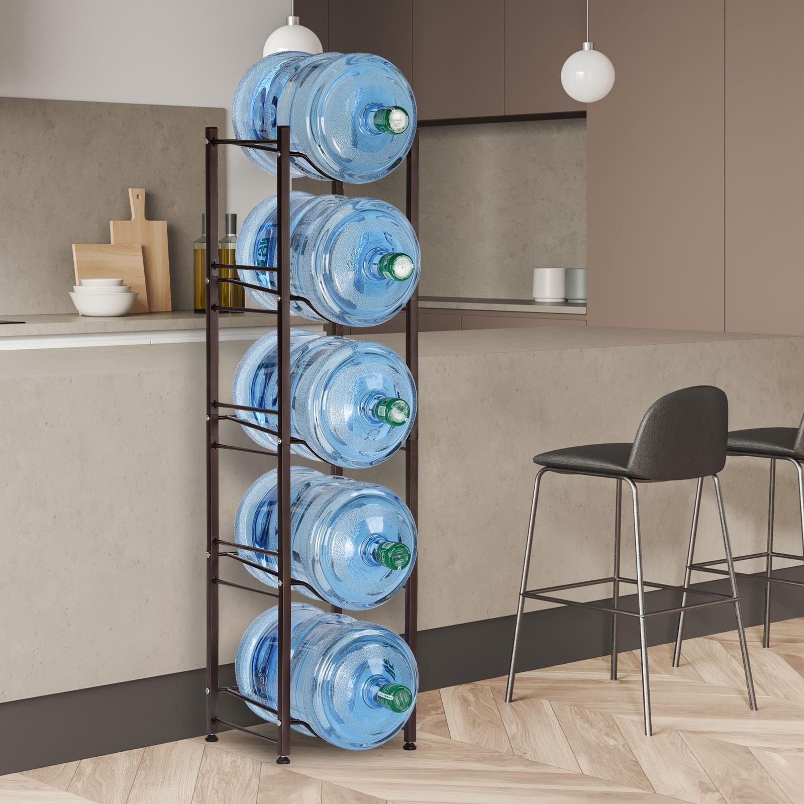 5 Gallon Water Jug Holder, 5-Tier Brown Heavy Duty Rack, Freestanding Bottle …