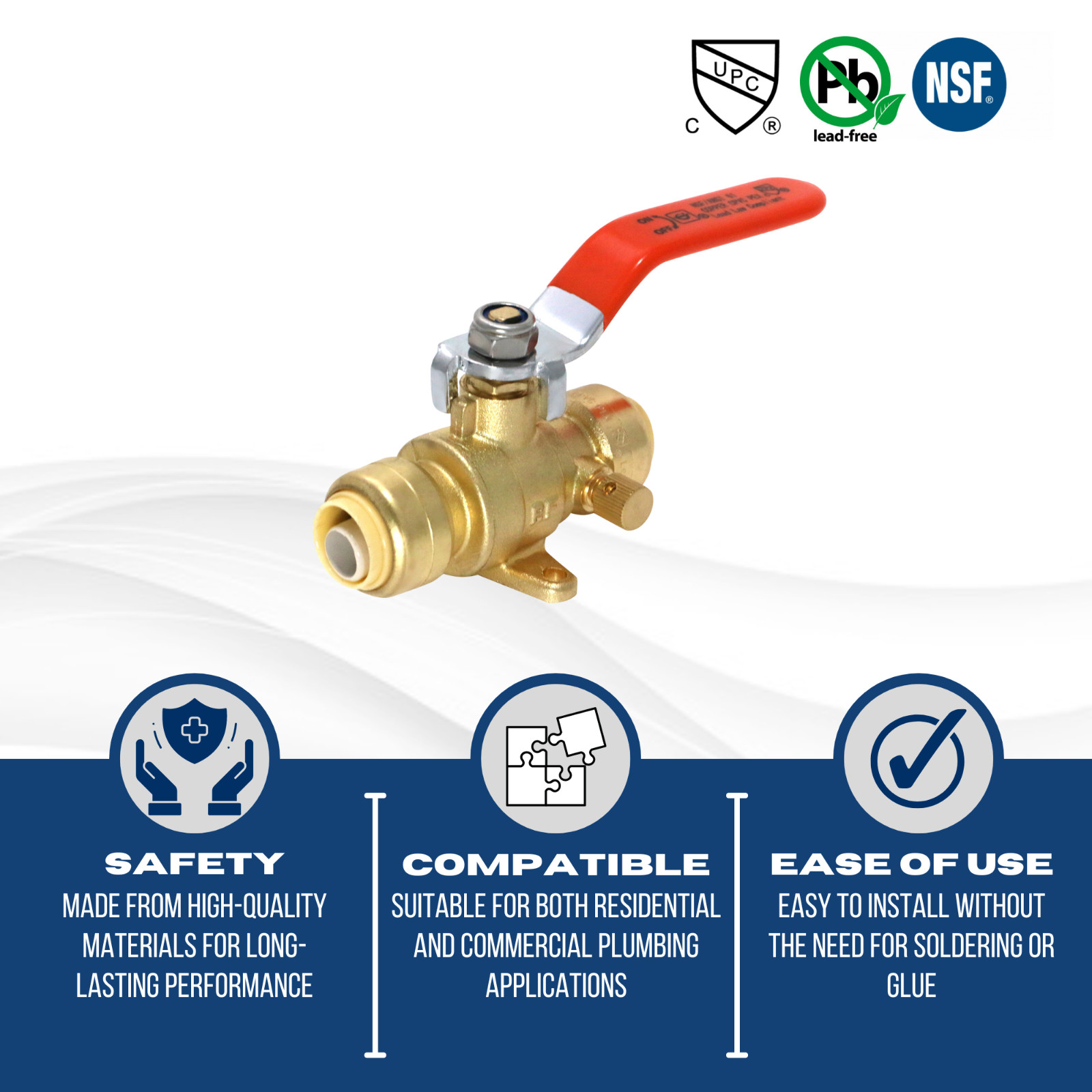 1) 1/2″ SHARKBITE STYLE PUSH FIT BALL VALVE W. DRAIN & DROP EAR (LEAD FREE BRASS