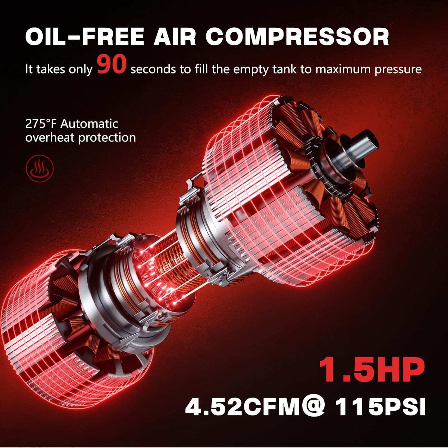 8 Gallon Quiet Air Compressor 115 PSI Oil Free 70dB