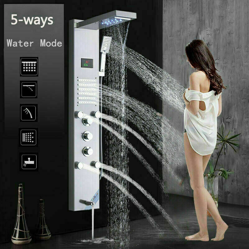 LED Shower Panel Tower Massage System Rain&Waterfall Jets Faucet Stainless Steel
