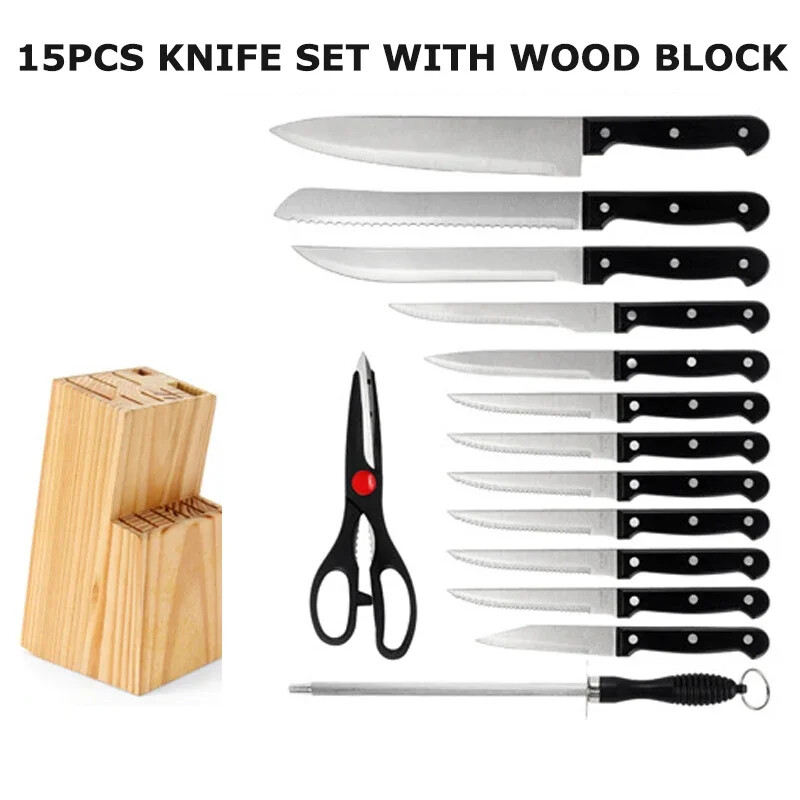 NEW 15-PIECE KITCHEN KNIFE WOOD BLOCK SET STAINLESS STEEL