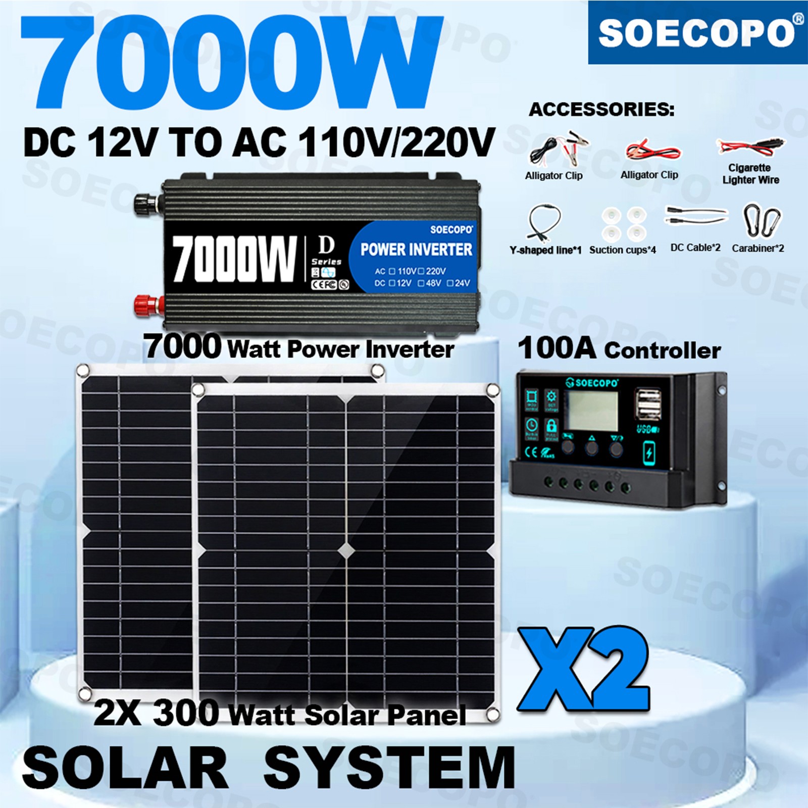 Complete 7000W Off-Grid Solar Kit 7000W Inverter 2pcs 300W Solar Panels 110V