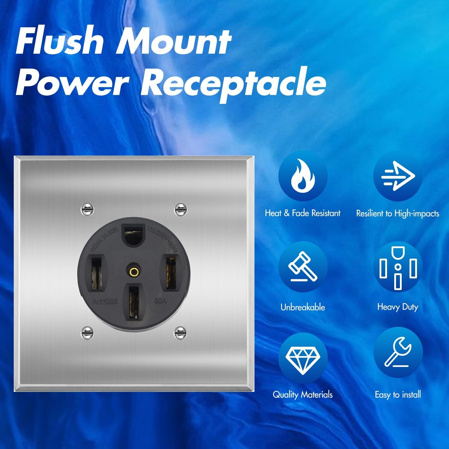 3 P, 4 W 125/250V,NEMA 14-50R Receptacle 50 A Flush Mounting Outlet,Square panel