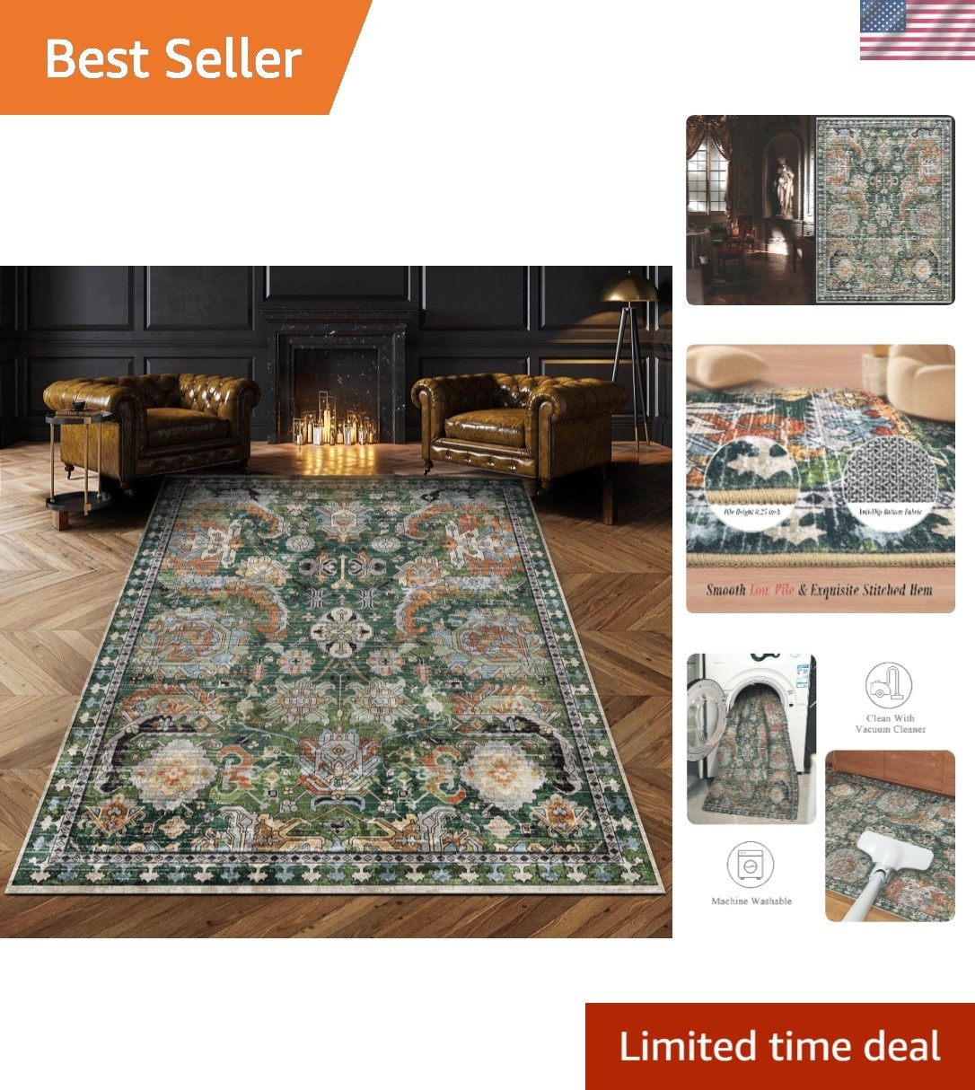 Durable Washable Area Rug 3′ x 5′ – Non-Slip & Vintage Elegance for Any Room