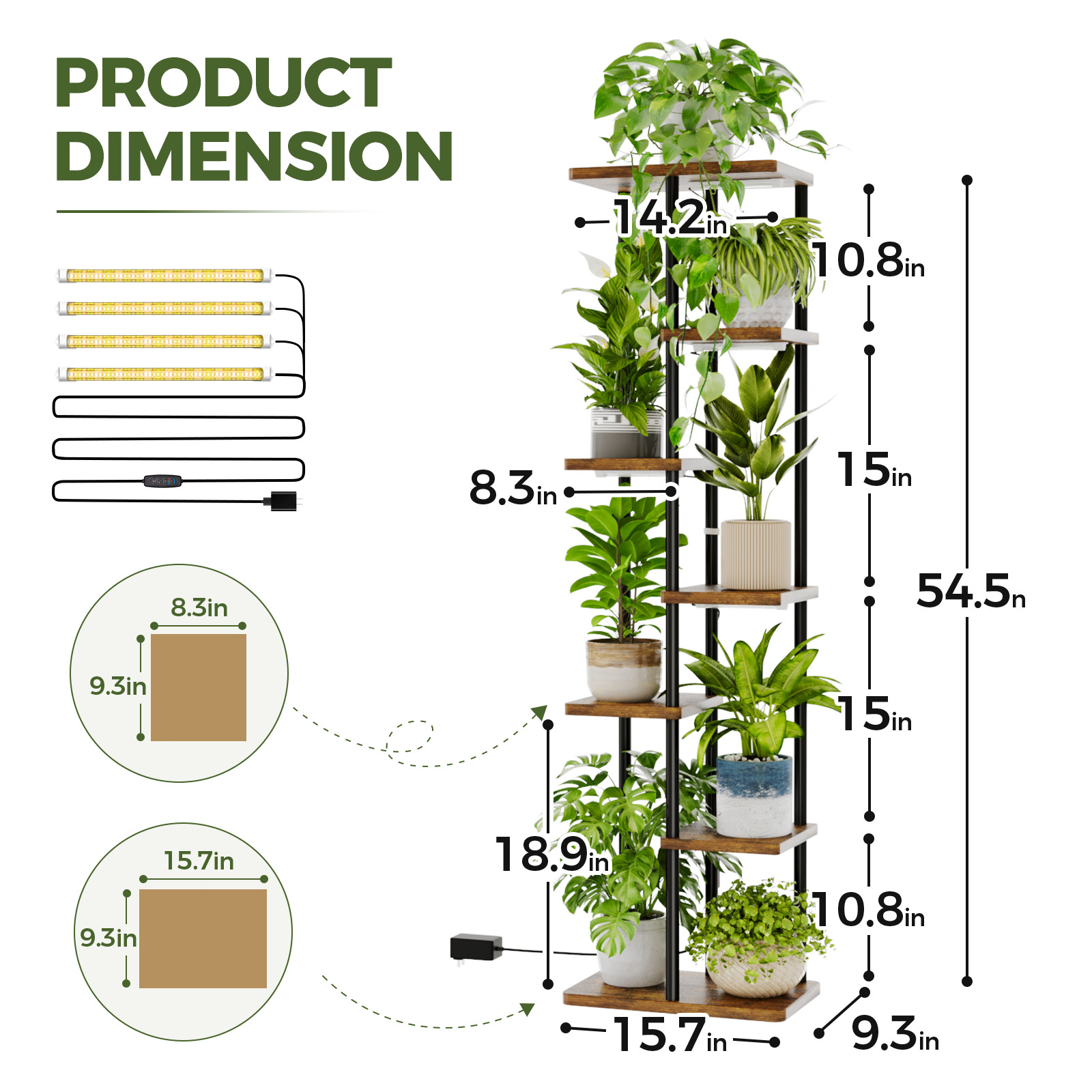Bamworld Plant Stand with Grow Light for Indoor Plants Corner 7 Tier Metal Wood