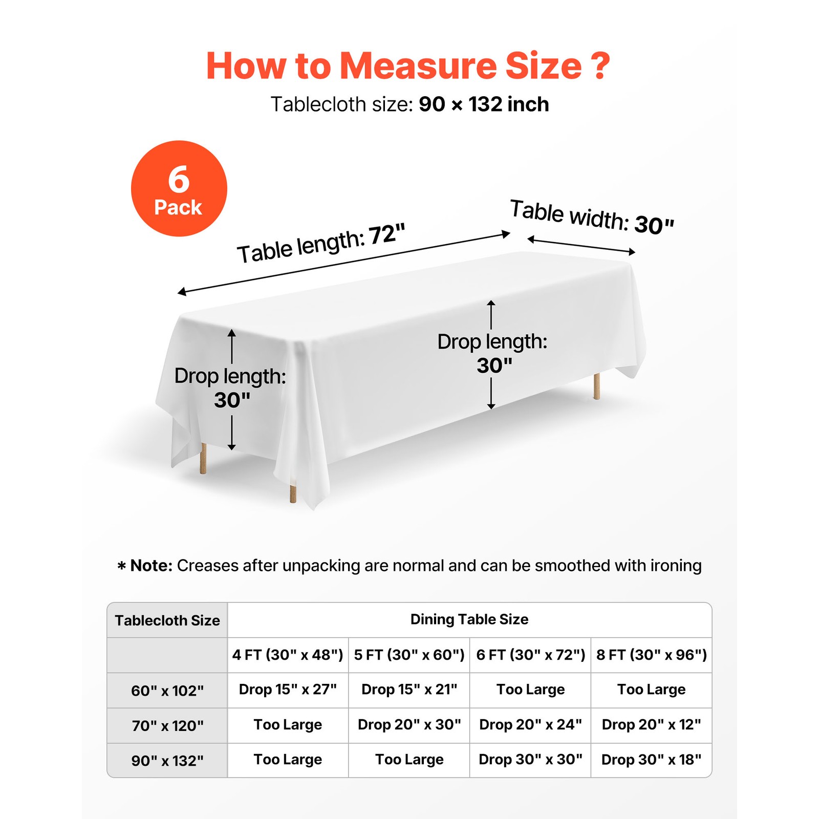 Uimoso 90×132 Inch White Rectangular Tablecloth for Weddings, Parties, 6 Pack