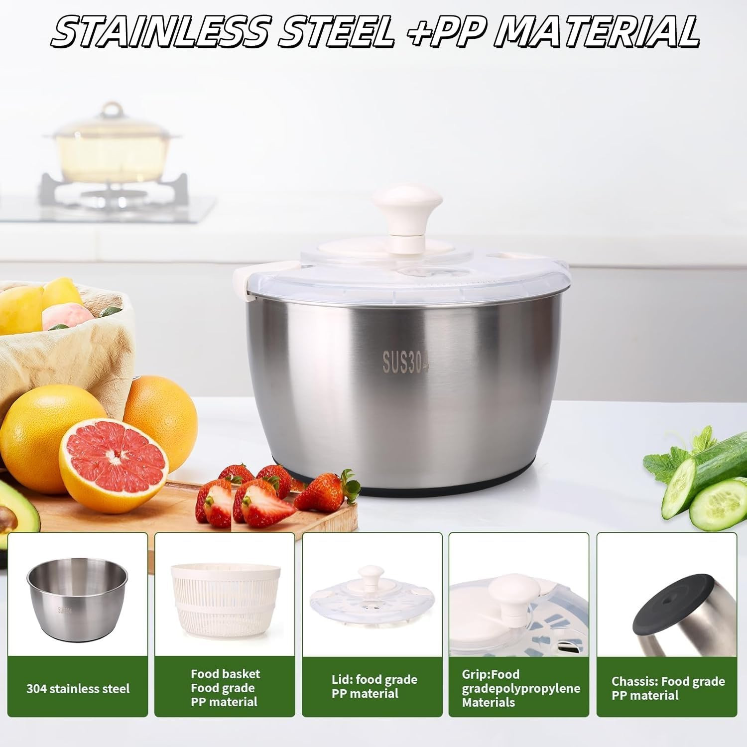 Large 5.3QT Salad Spinner – Quick Spin & Drain, Multi-Use Colander