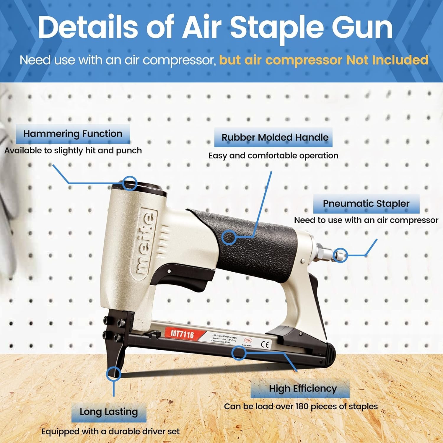 meite MT7116 22 Gauge 3/8”Crown Pneumatic Upholstery Stapler 1/4″ – 5/8″ Length