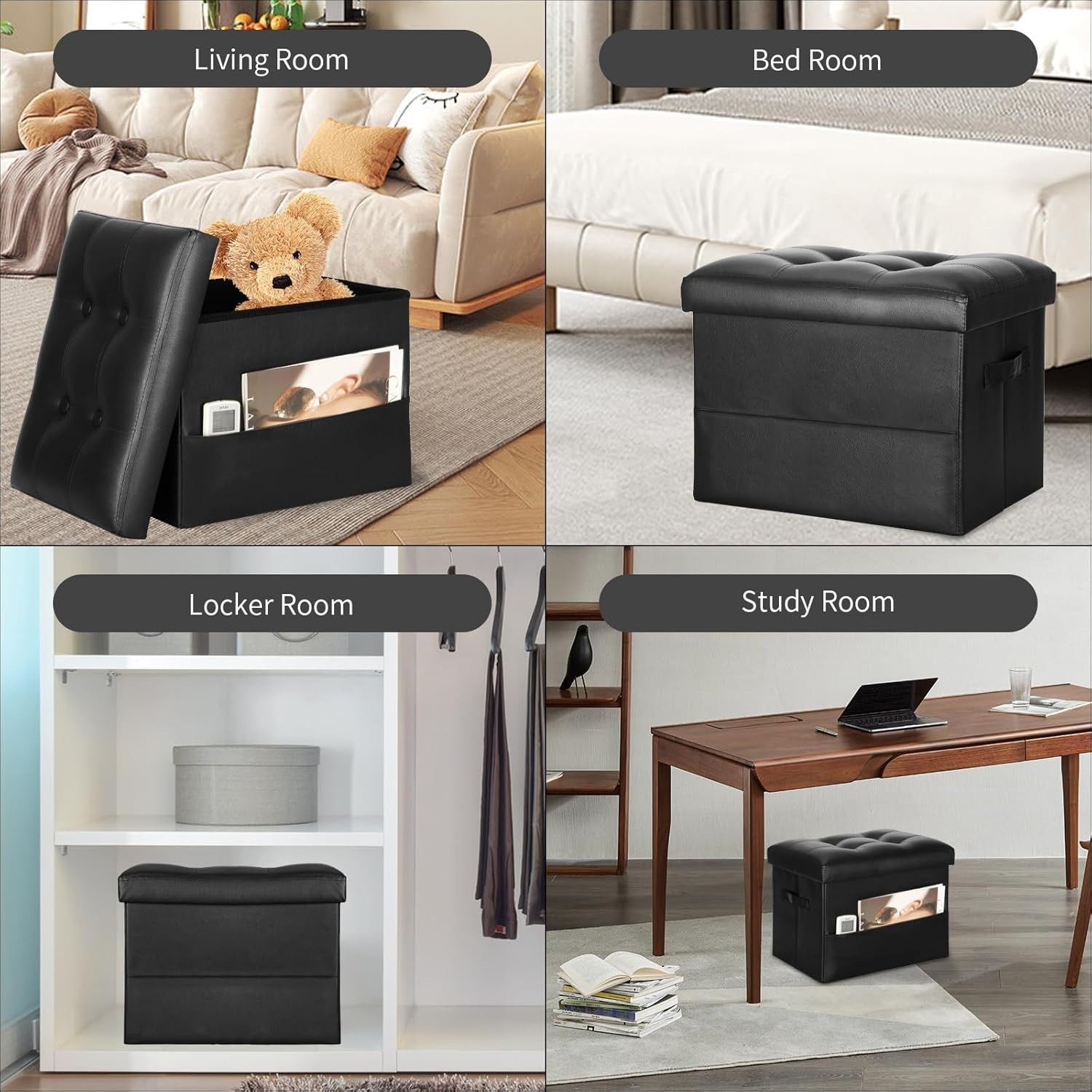 Multipurpose Storage Ottoman – Black Faux Leather, Comfortable & Easy to Clean