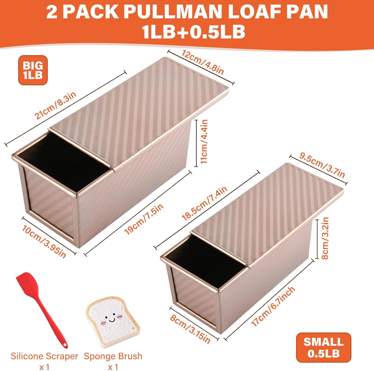 2 Pack Pullman Loaf Pan with Lid, 1 Lb/0.5 Lb Dough Capacity for Homemade Bread,