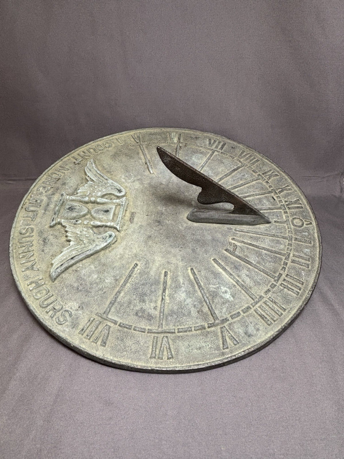 VTG BRASS 9” Sundial I Count None But Sunny Hours Winged Hourglass Garden Patina
