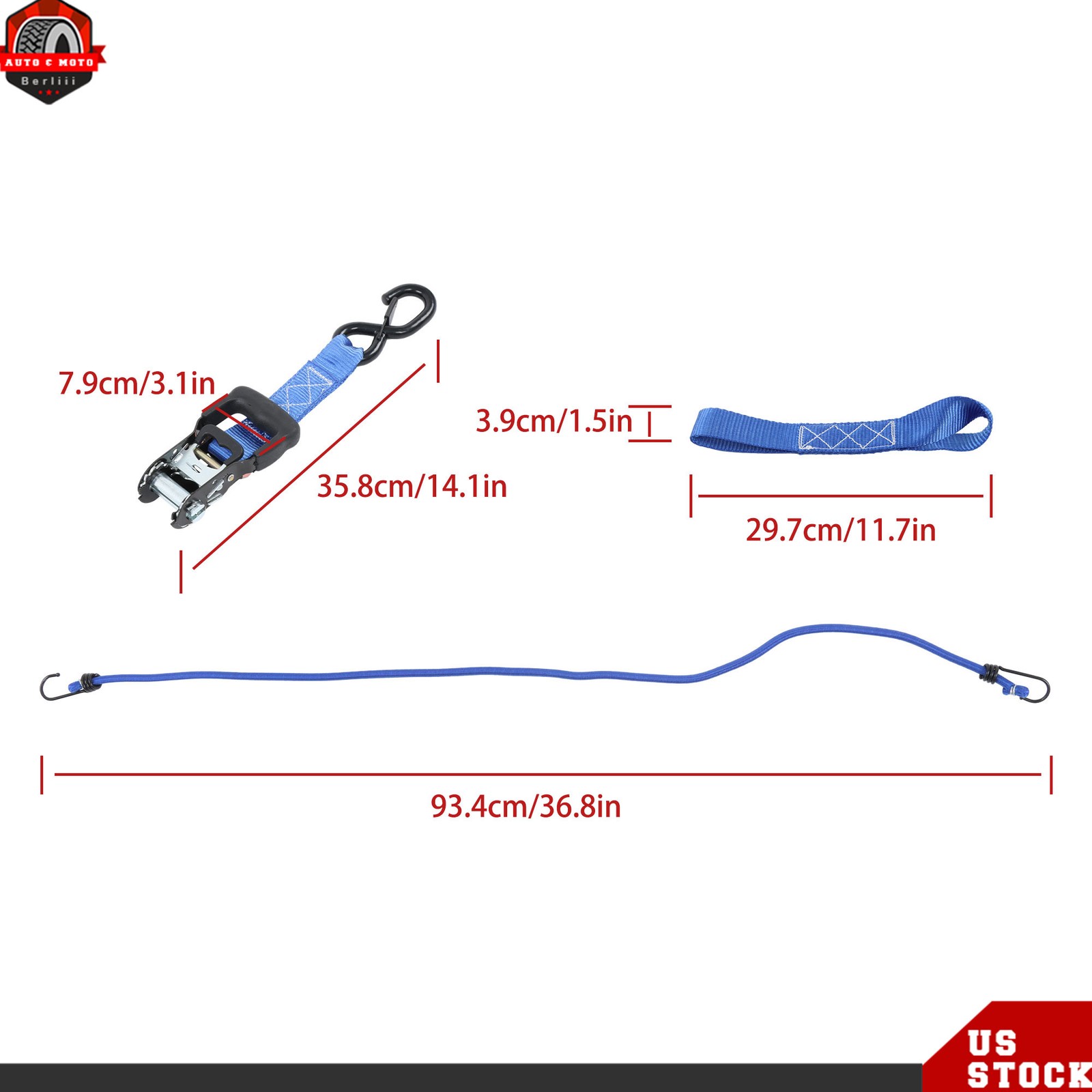4PCS Heavy Duty Ratchet Straps 1.6″×15’ 5208 lbs Break Strength S Hooks Blue