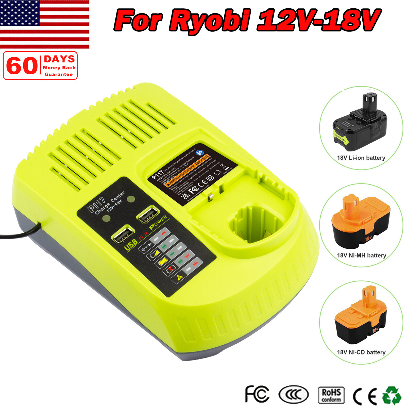 Charger For RYOBI P117 18V Li-ion/ Ni-cad/ Ni-Mh Battery High Capacity P106 P107