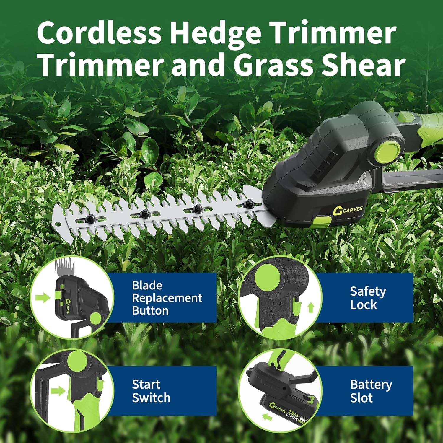 2-in-1 Cordless Hedge Trimmer 20V Battery Handheld Shrub Trimmer & Grass Shear