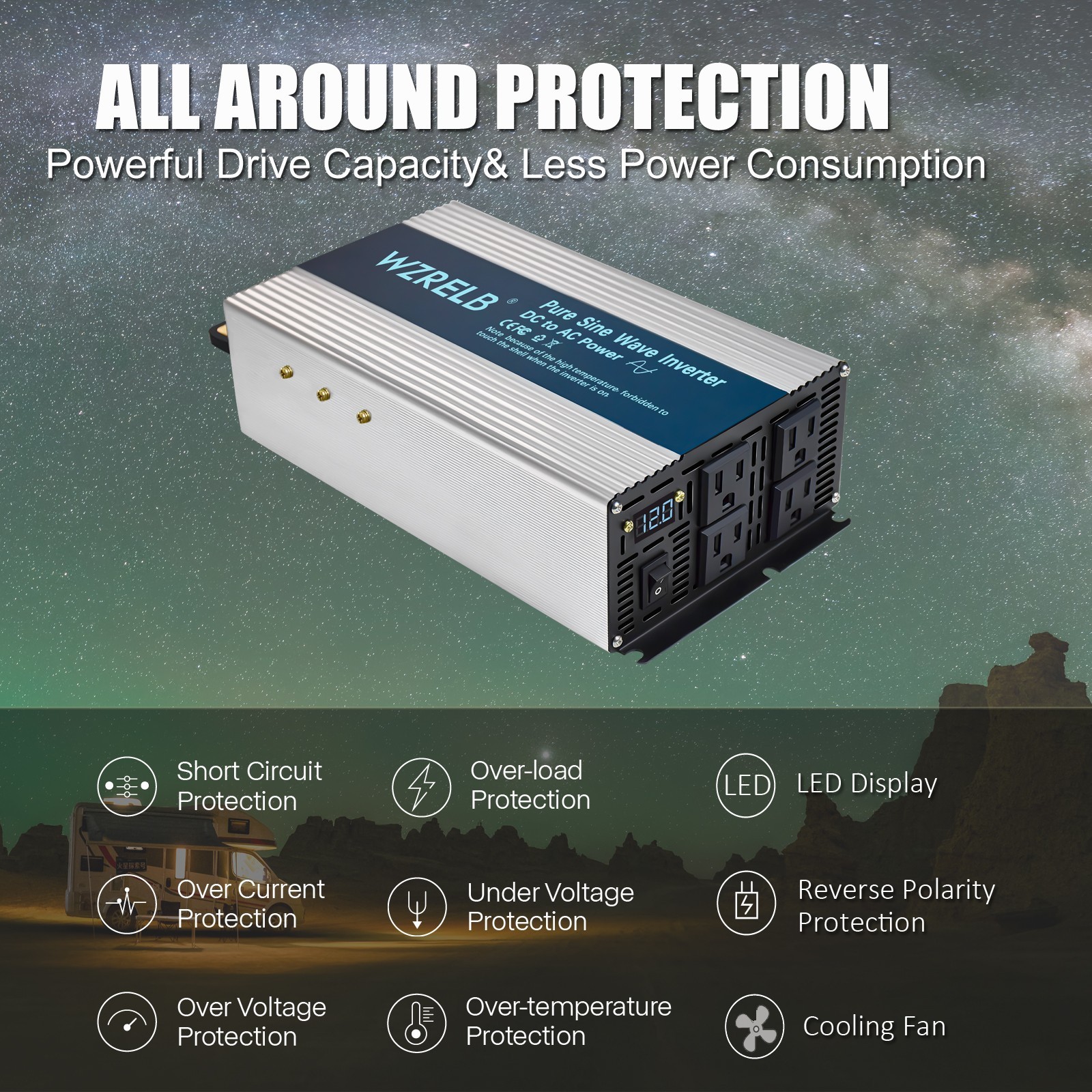 2000W Pure Sine Wave Inverter DC 12V to AC 120V Power Converter camp rv remote