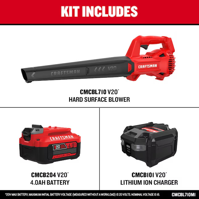 CRAFTSMAN V20 20V MAX Leaf Blower 200 CFM 90 MPH Cordless w/ 4Ah Battery Charger