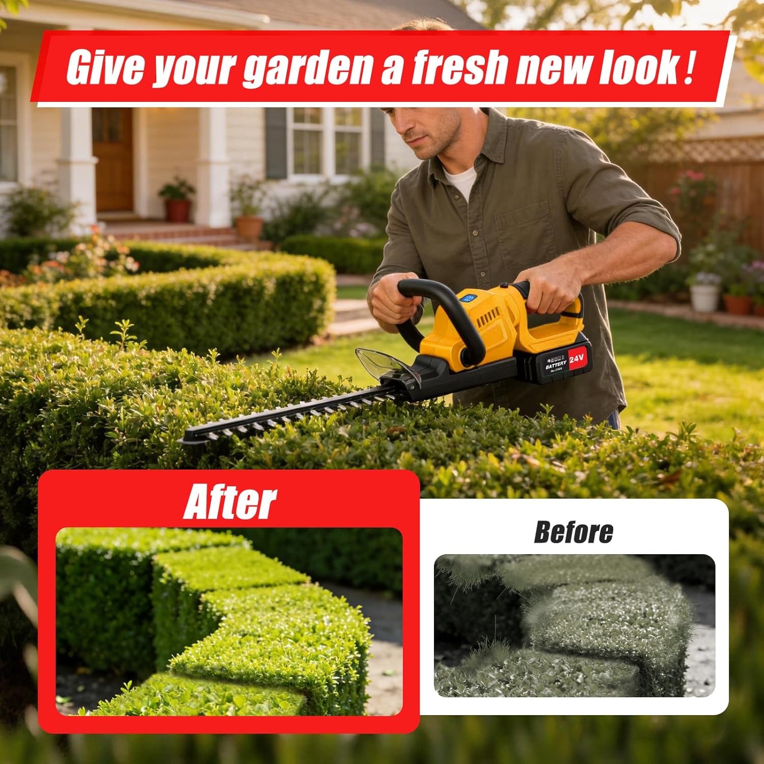 22Inch Cordless Hedge Trimmer Cordless Electric Hedge Trimmer w/2* 24V Battery