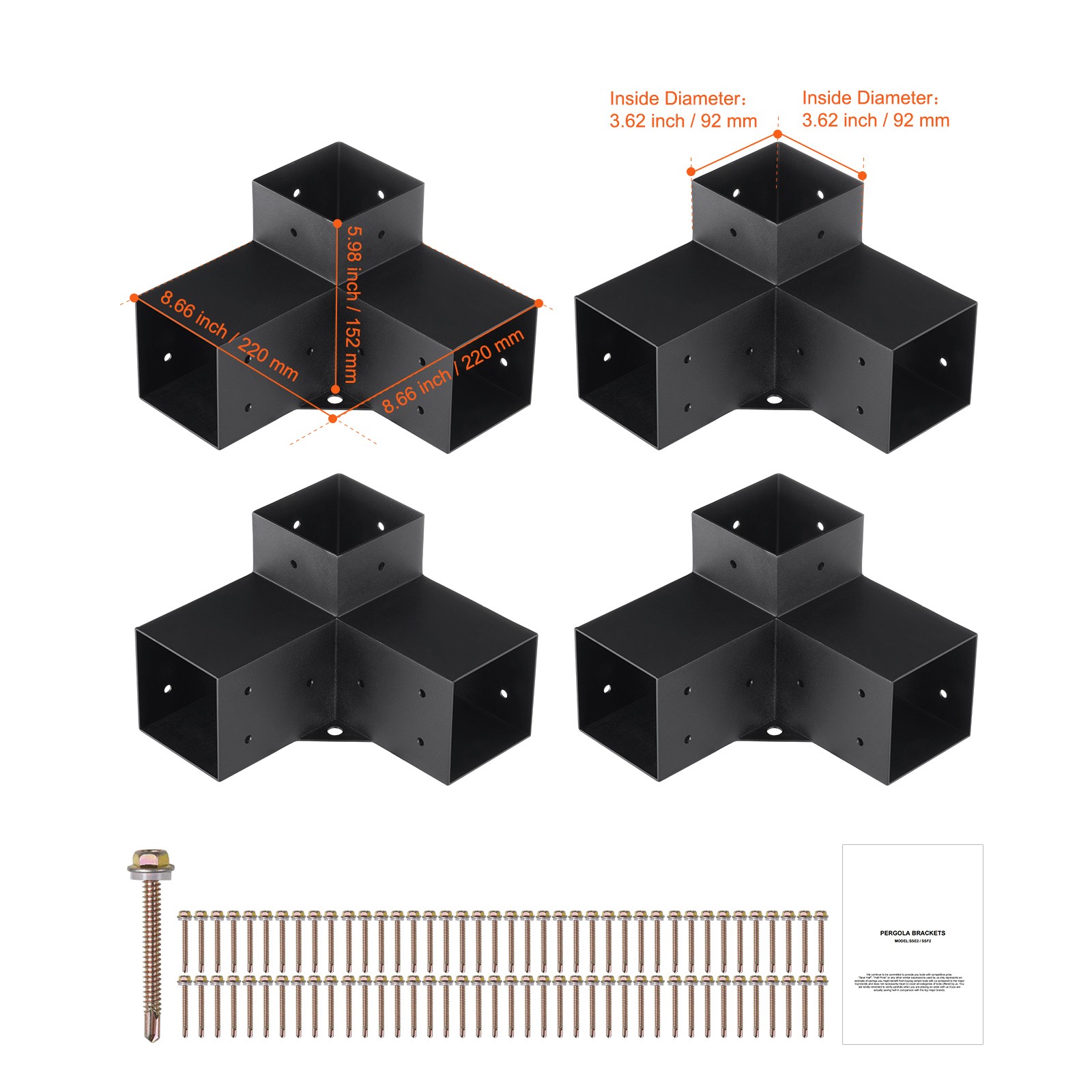 4”x4” Pergola Bracket Kit inner 3.6×3.6 3-Way Woodworks DIY Post 4 pcs