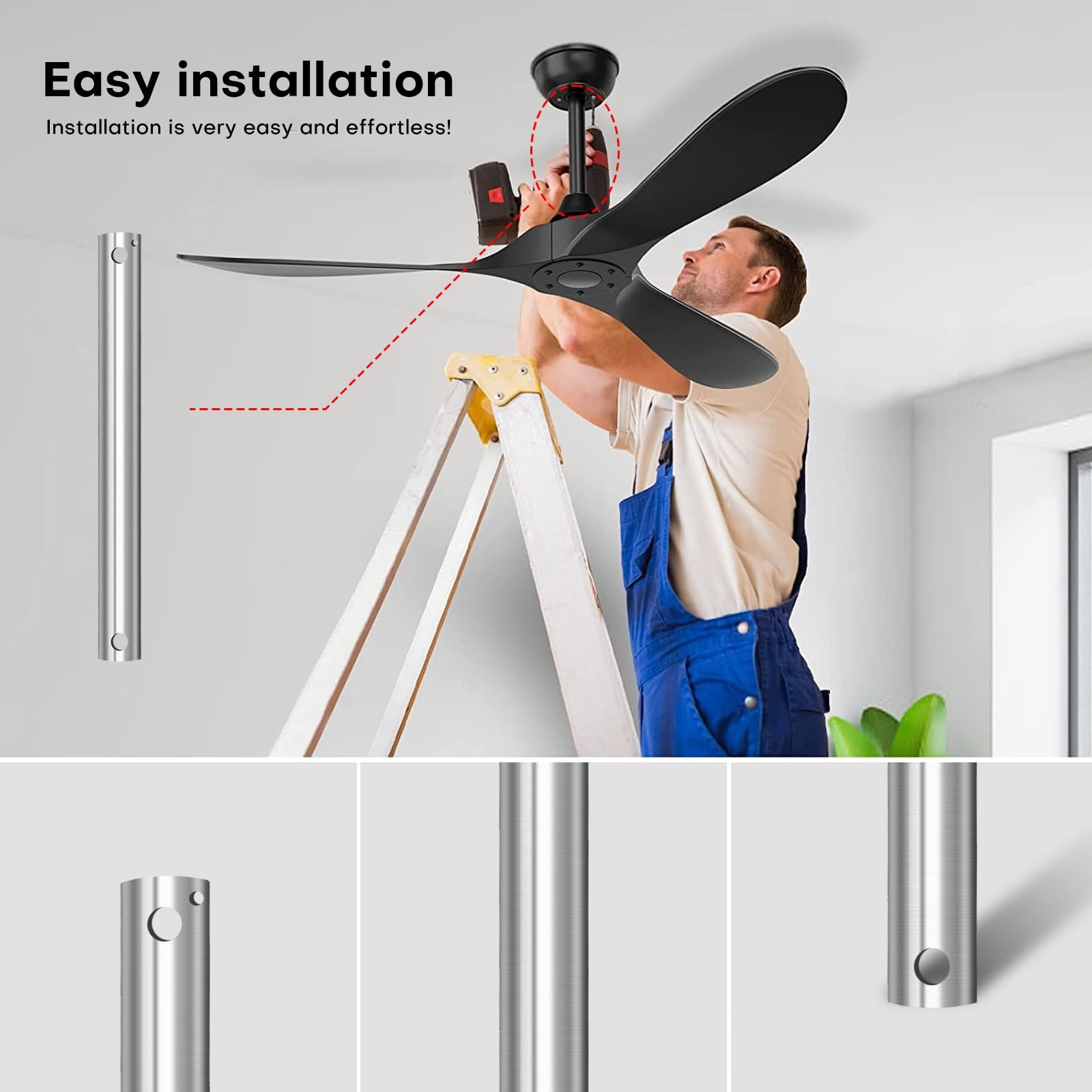48in. Ceiling Fan Downrod Extension Brushed Nickel 1in. OD Threadless No Cord