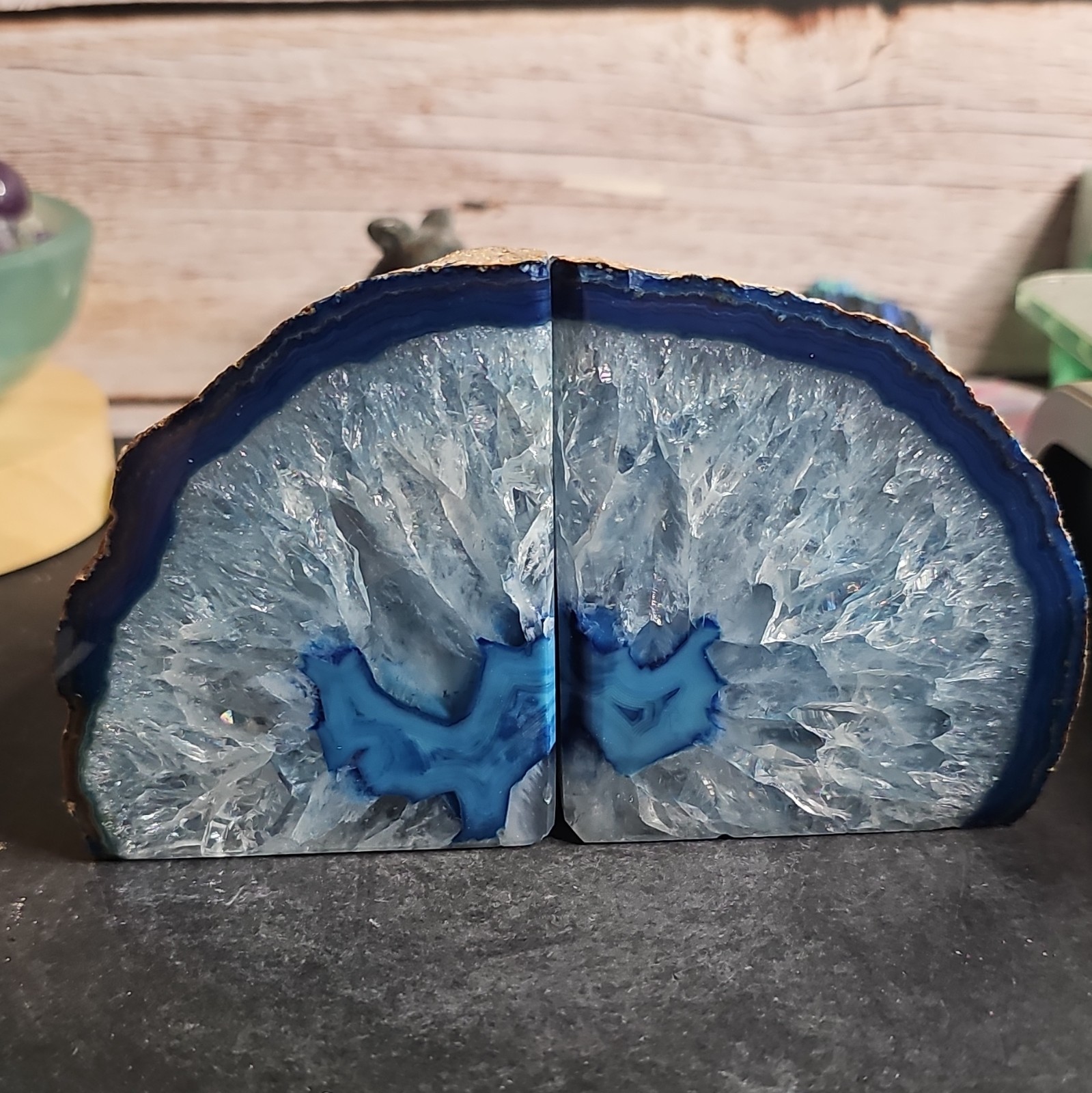 Large Blue Agate Geode Bookends Druzy Quartz Crystal Matching Pair Polished2.9lb