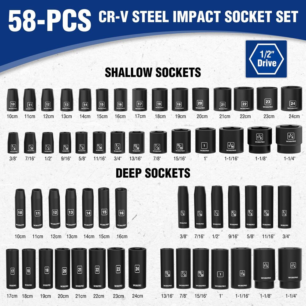 WORKPRO 65PC 1/2” Drive Impact Socket Sets 3/8″-1-1/4″ 10-24mm Deep Shallow Kits