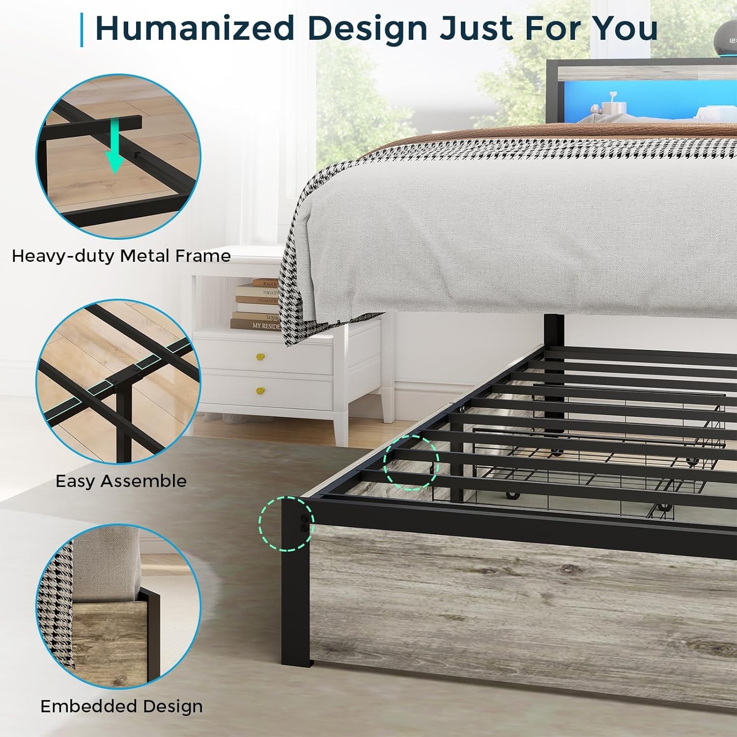 Full Queen King Bed Frame with Storage Headboard ,Charging Station & LED Lights