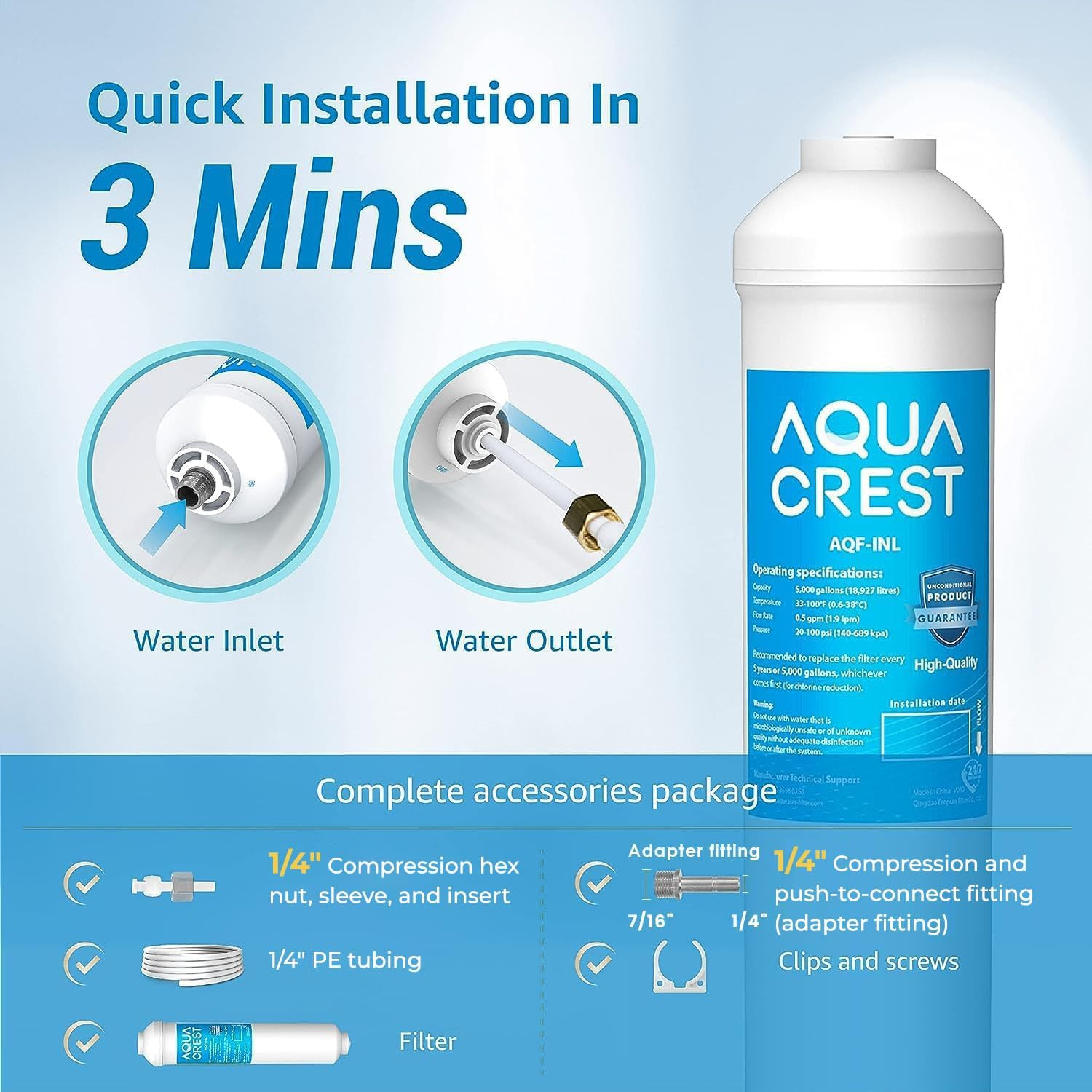 5 Years Inline Water Filter for Ice Maker with 1/4-Inch Direct Conne