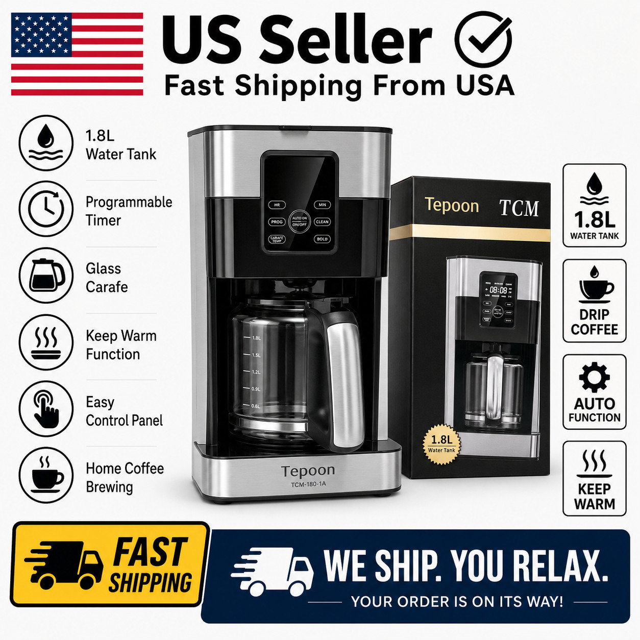 Home Drip Coffee Maker 12 Cup Programmable Brewer Glass Carafe Keep Warm