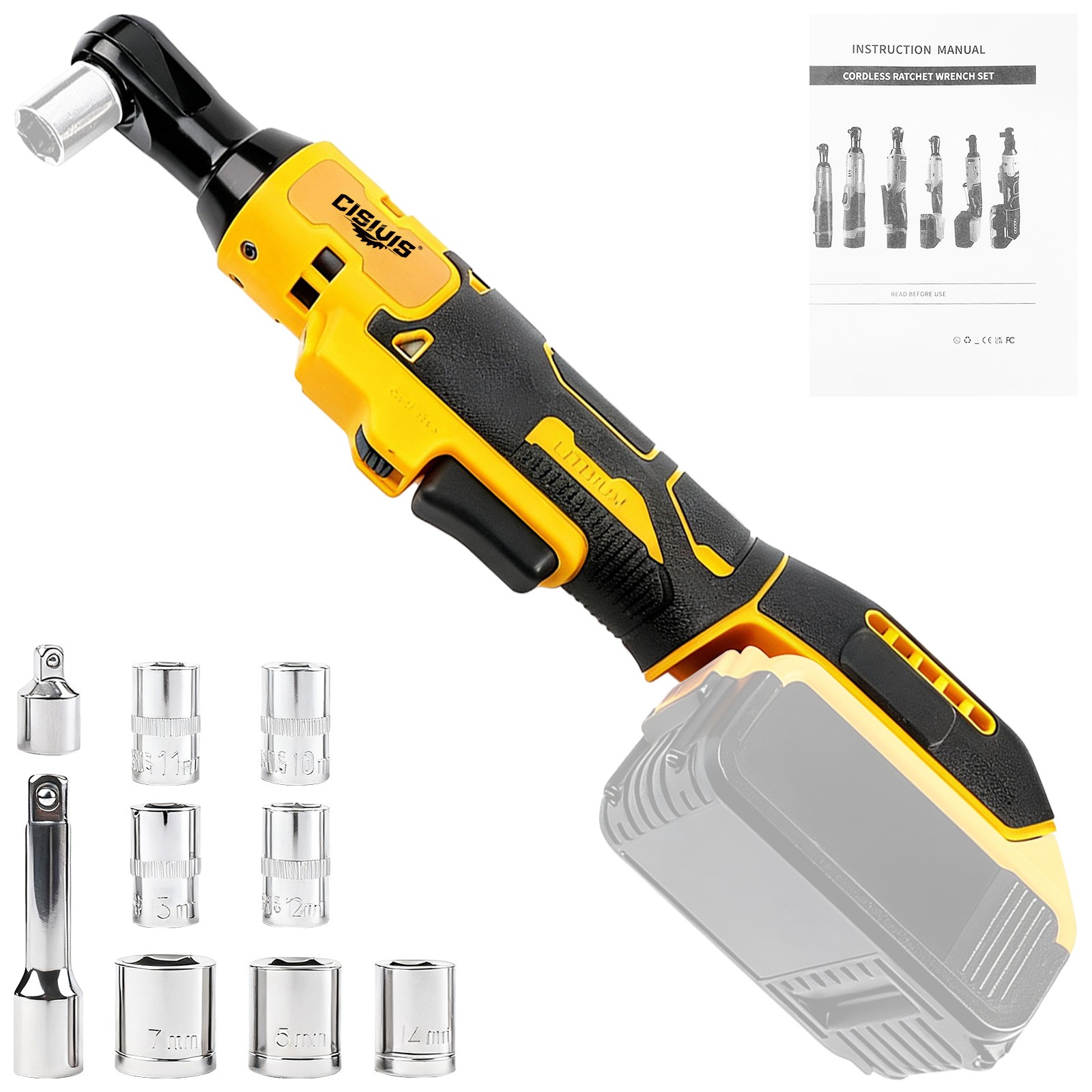 CISIVIS Cordless Electric Ratchet Wrench 3/8″ for Dewalt 20V Li-Ion Battery-