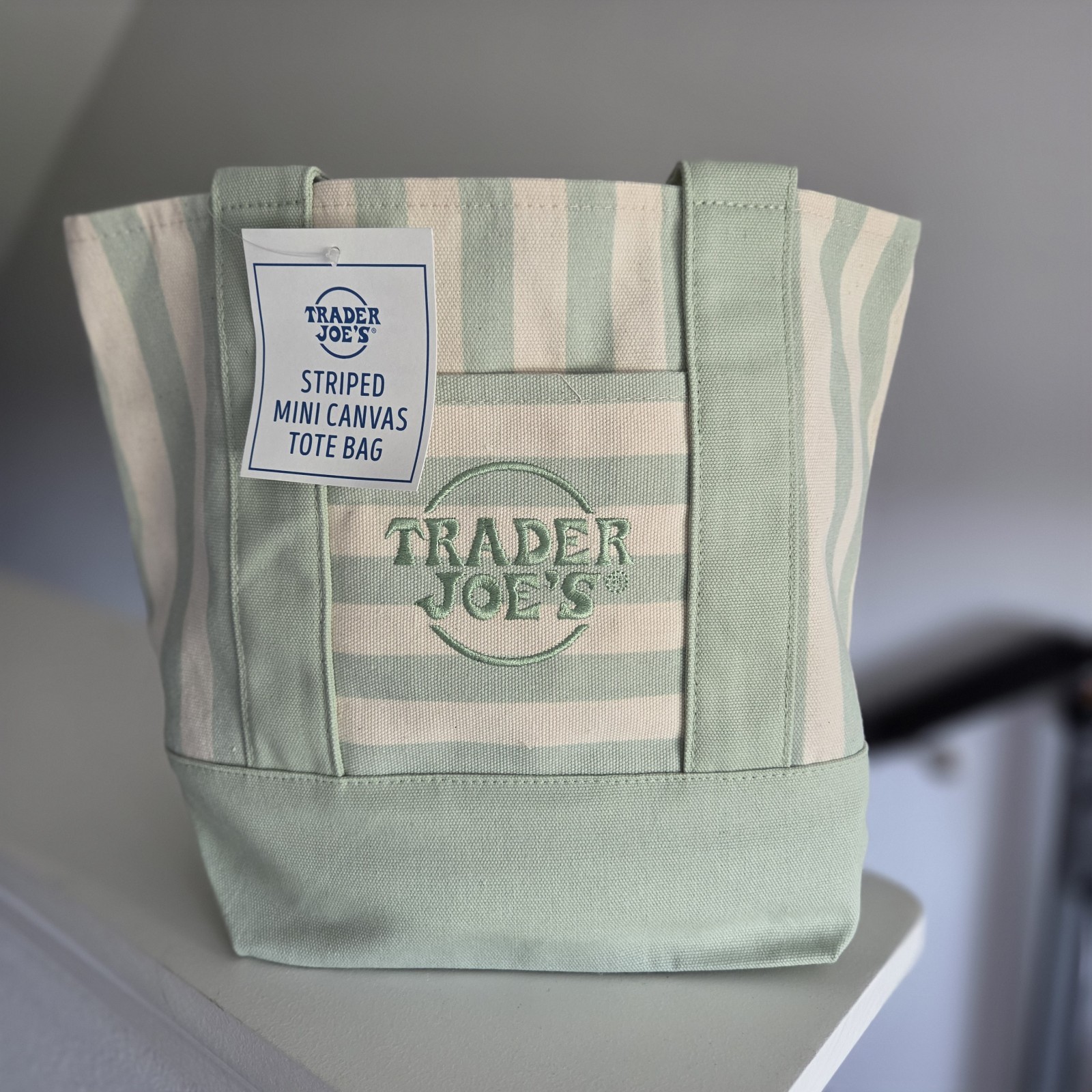 Trader Joe’s Limited Mini Canvas Pastel Striped Tote Bag 2026 Seafoam Green
