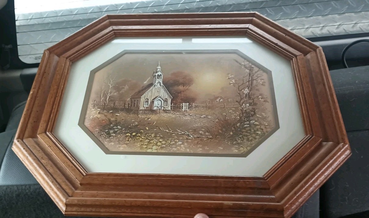 Vintage HOMCO Framed Country Church Landscape Print Octagon Wood Frame