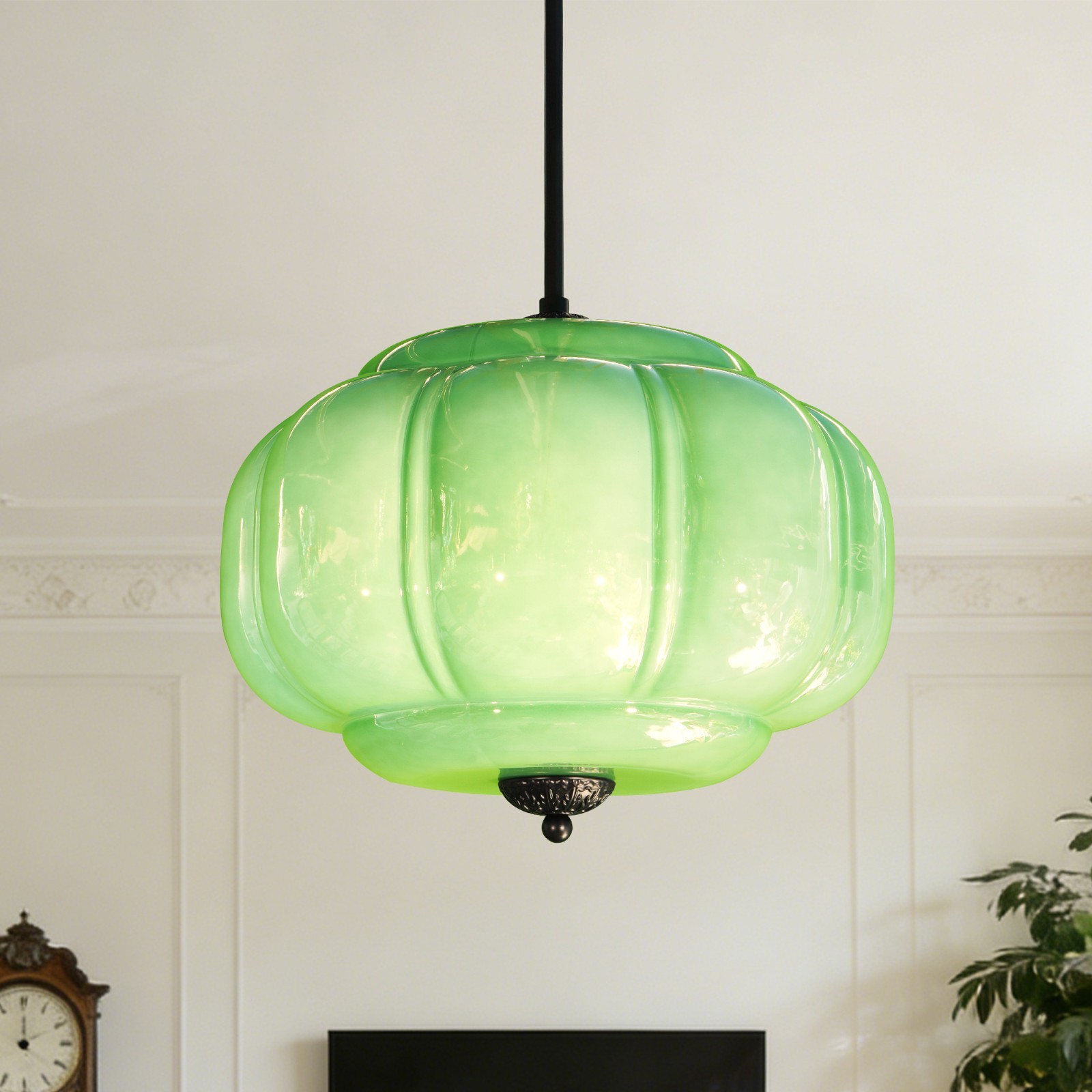 14’Simple Green Pumpkin Shaped Pendant Light,Living Room/dining Room Glass Light