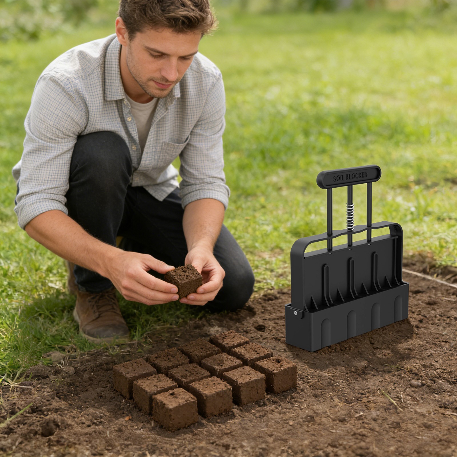 Handheld Soil Block Maker Model Mold With Automatic Spring Reset 8.46*1.97*6.1in