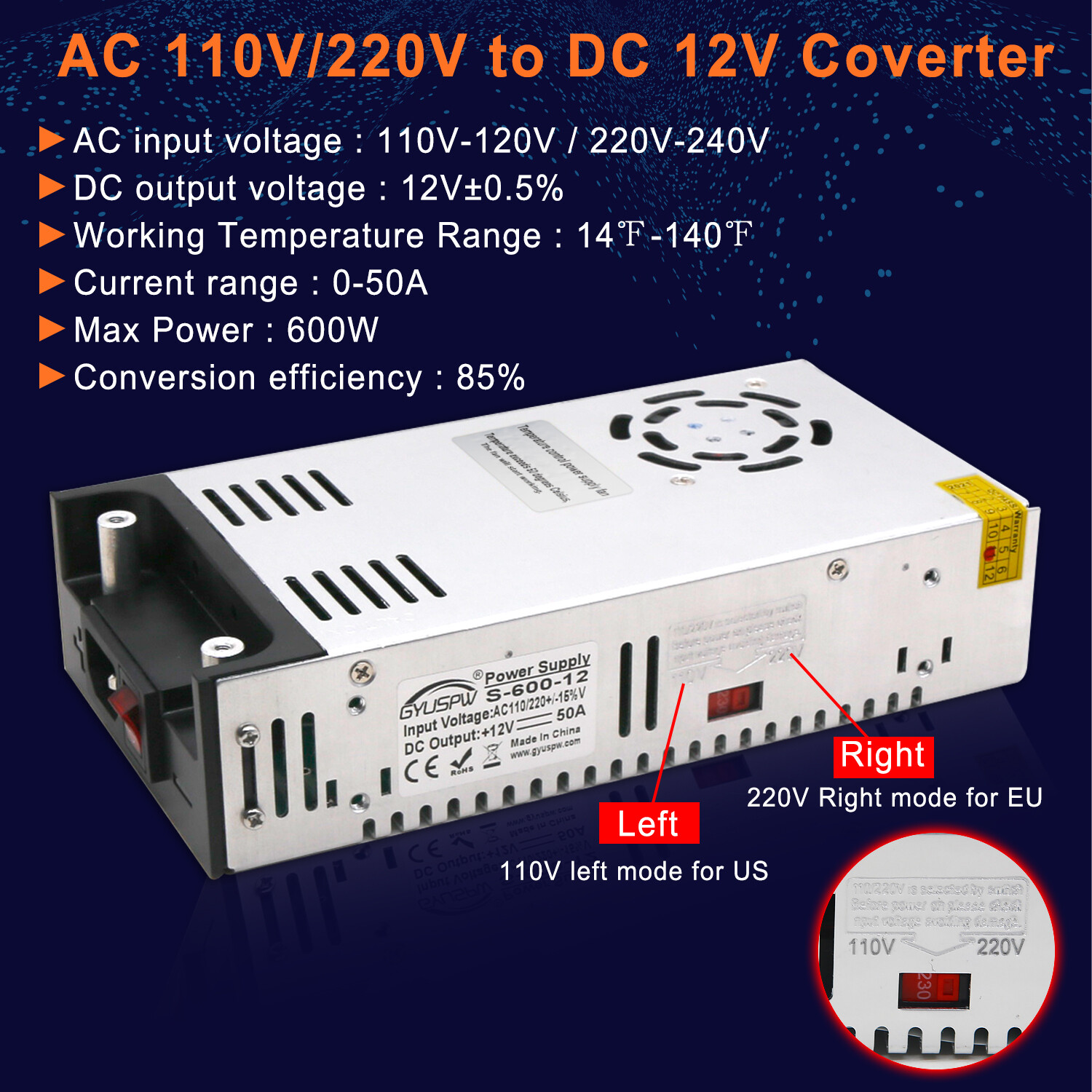 AC 110V To DC 12V 25A-50A 300A-600W Industrial Transformer Switch Power Supply
