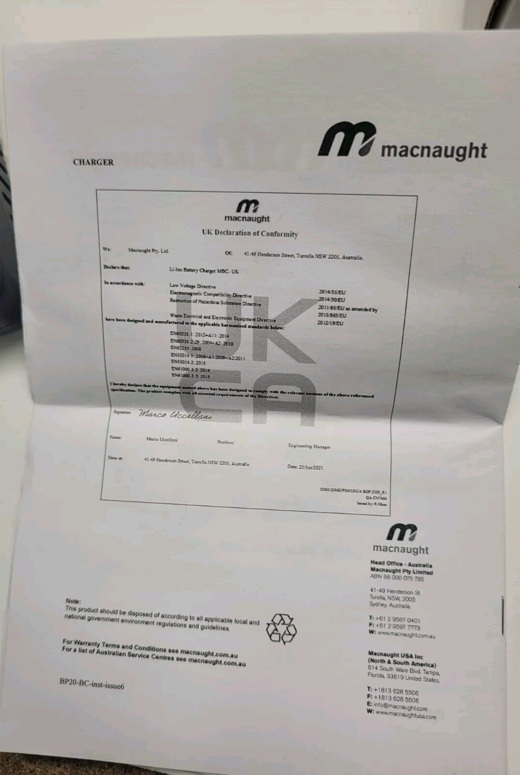 Macnaught BOP20/60 18V Class 2 Battery Cradle Charger Model No MBC-US PN# BPC-U