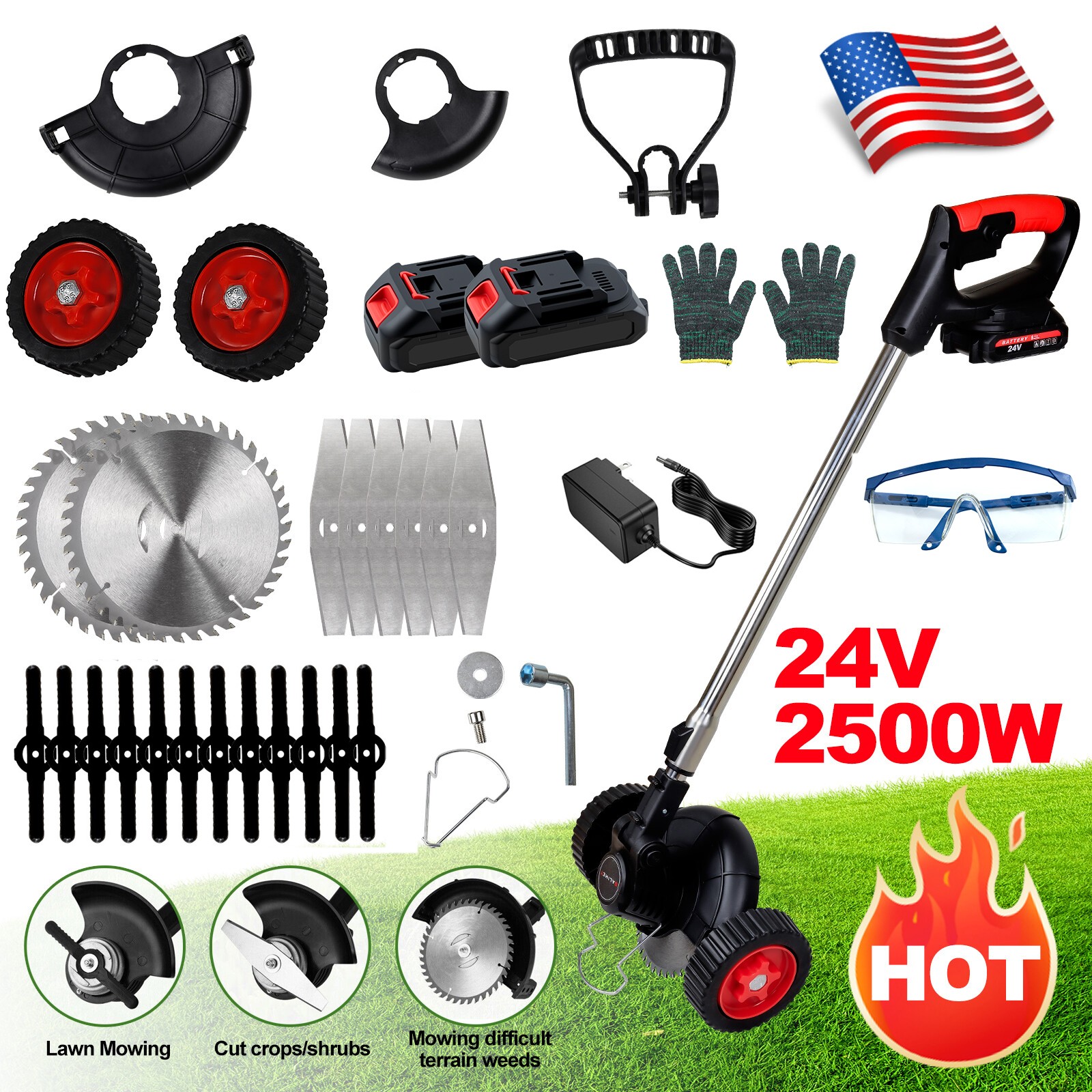 Electric Cordless Grass String Trimmer Lawn Edger Weed Wacker Cutter + 2 Battery