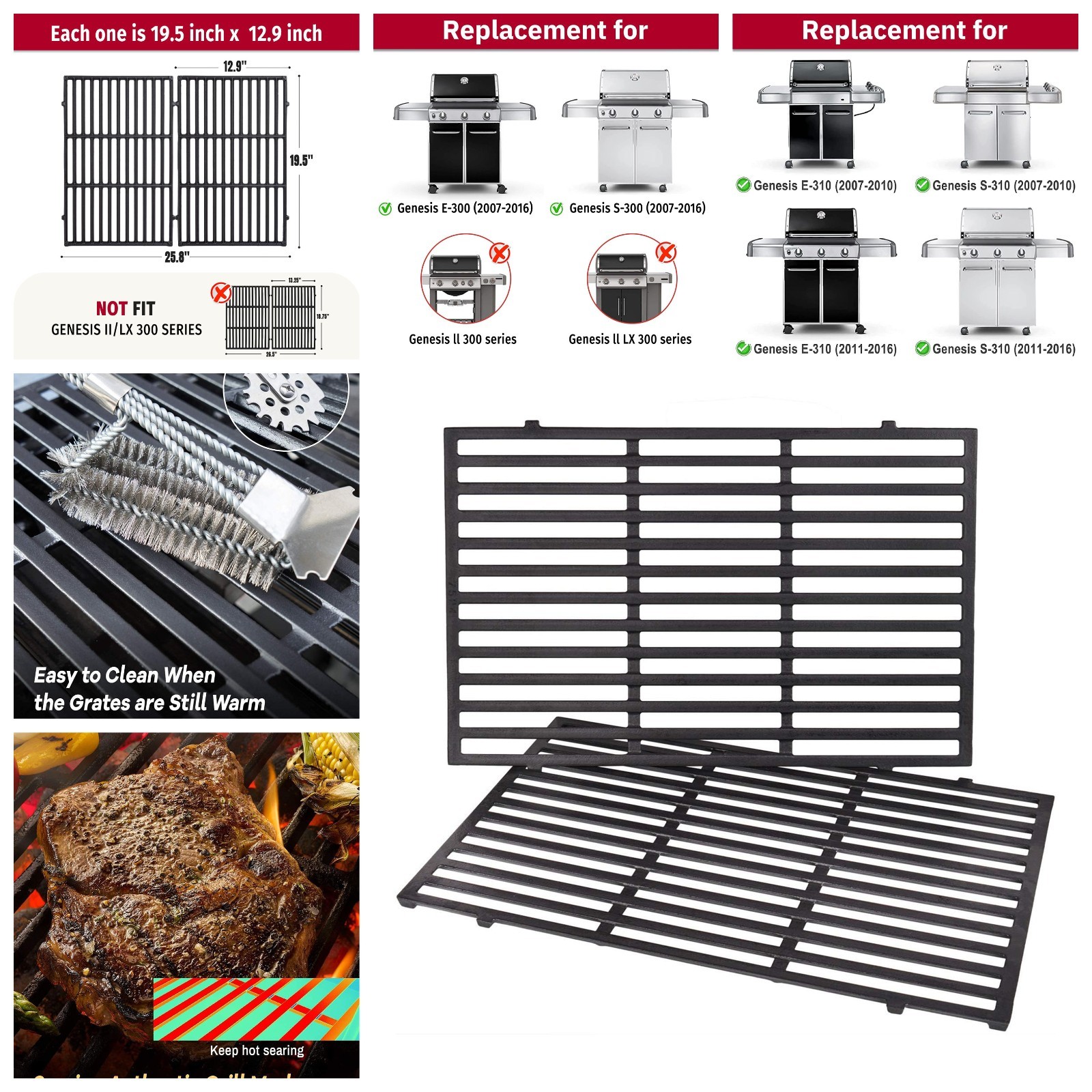 For Weber Genesis 300 Series 7524 7528 19.5″ Grill Grates Replacement Cast Iron