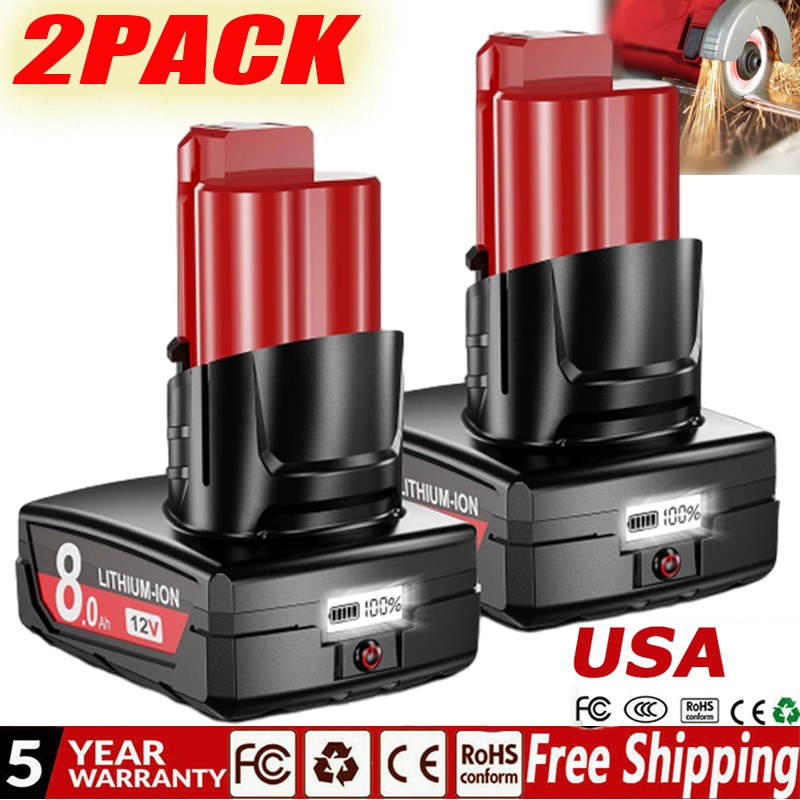 2PACK 8.0ah Lithium Battery For M12 For Milwaukee Battery 12V Capacity Battery