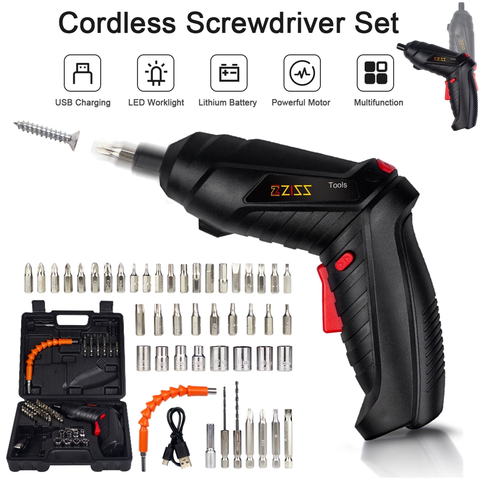 48IN1 Cordless Electric Screwdriver Rechargeable Drill Driver Power Tool Bit Set
