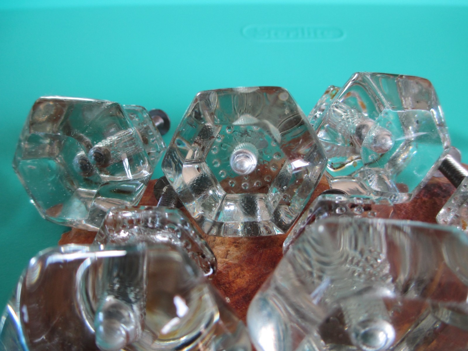8 VINTAGE ANTIQUE ORIGINAL LARGE OCTAGON CLEAR GLASS CABINET DRAWER KNOB PULLS