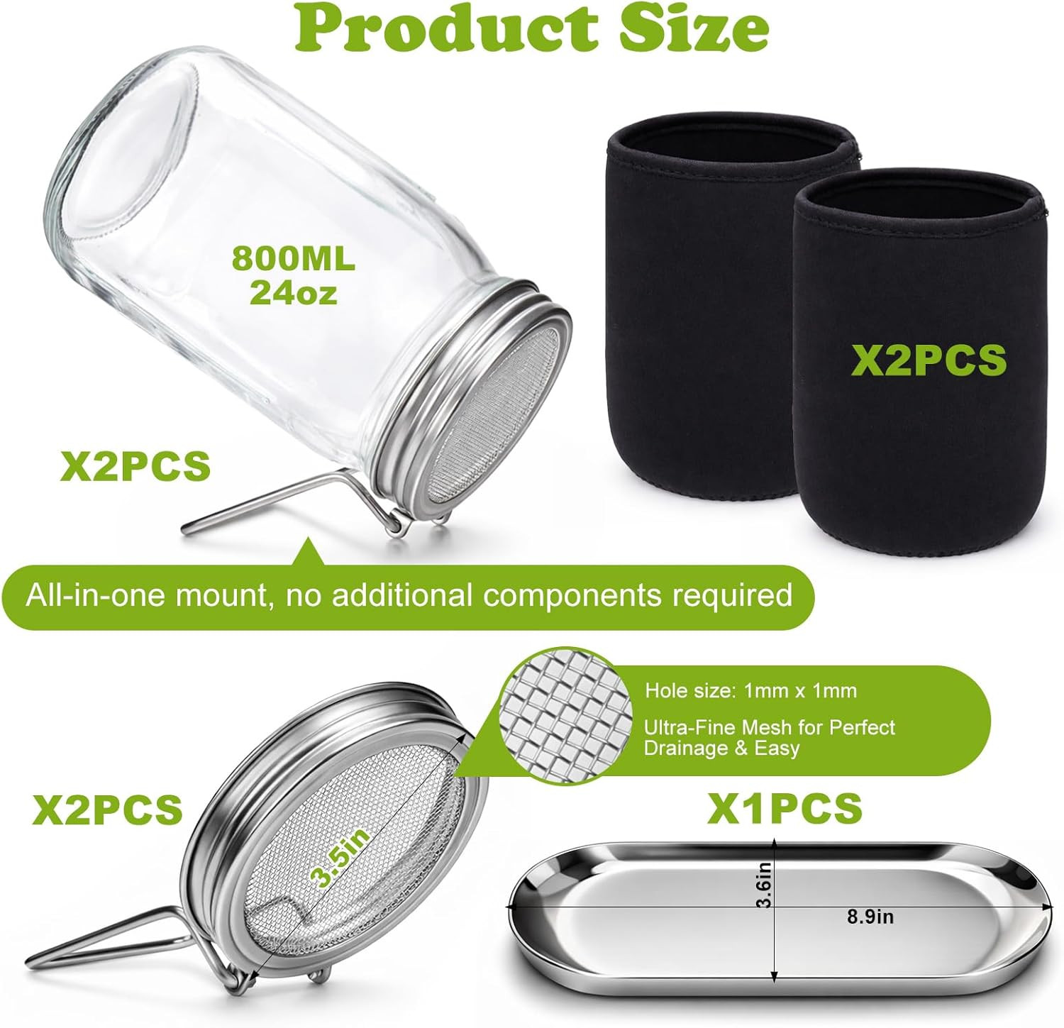 Sprouting Kit with Stainless Steel Screen Sprouting Lids & Glass Mason Jars & Li