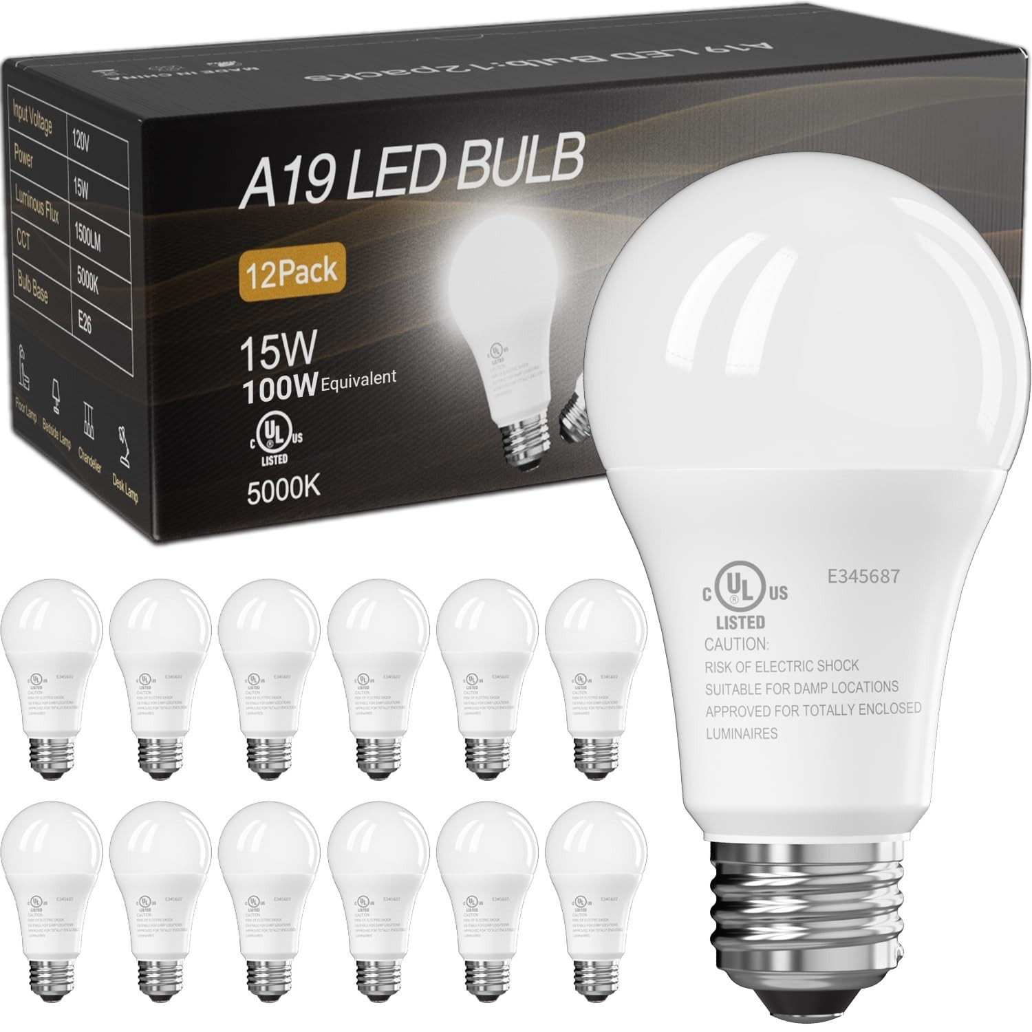 12 Pack A19 100W Equivalent Light Bulbs 1500LM 5000K Daylight E26 Non-Dimmable