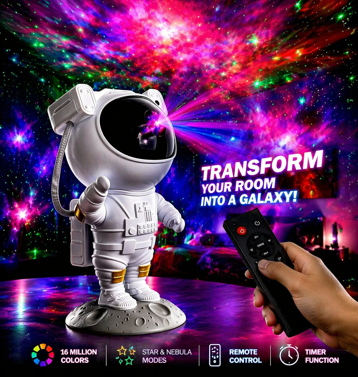 Astronaut Galaxy Star Projector Night Light LED Space Lamp 360° Remote Kids