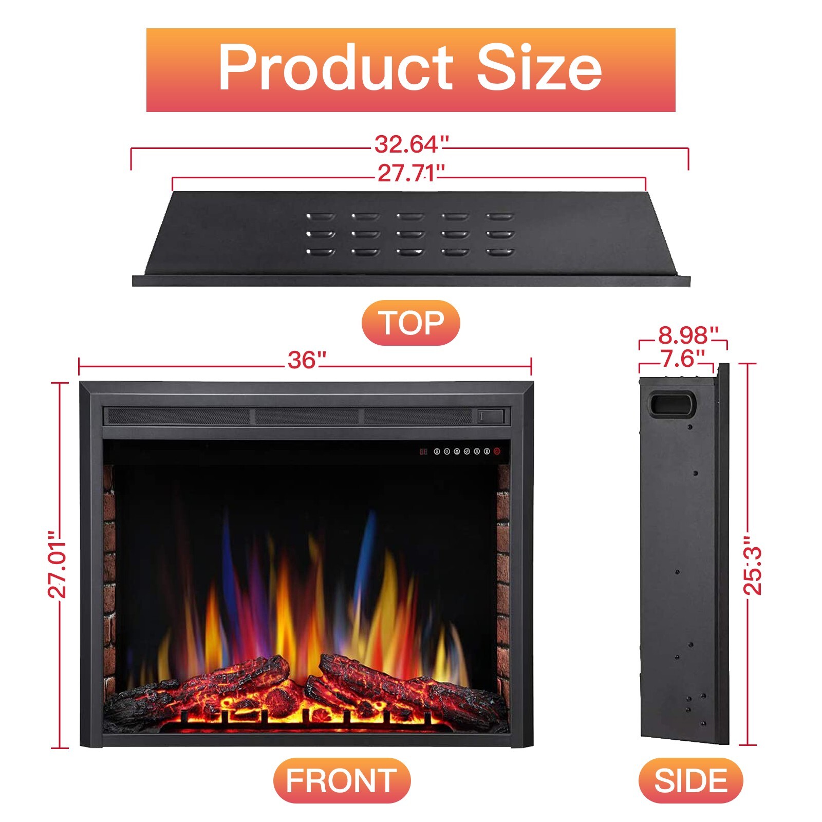 R.W.FLAME 36” Recessed Electric Fireplace Insert,Remote Control,750W-1500W