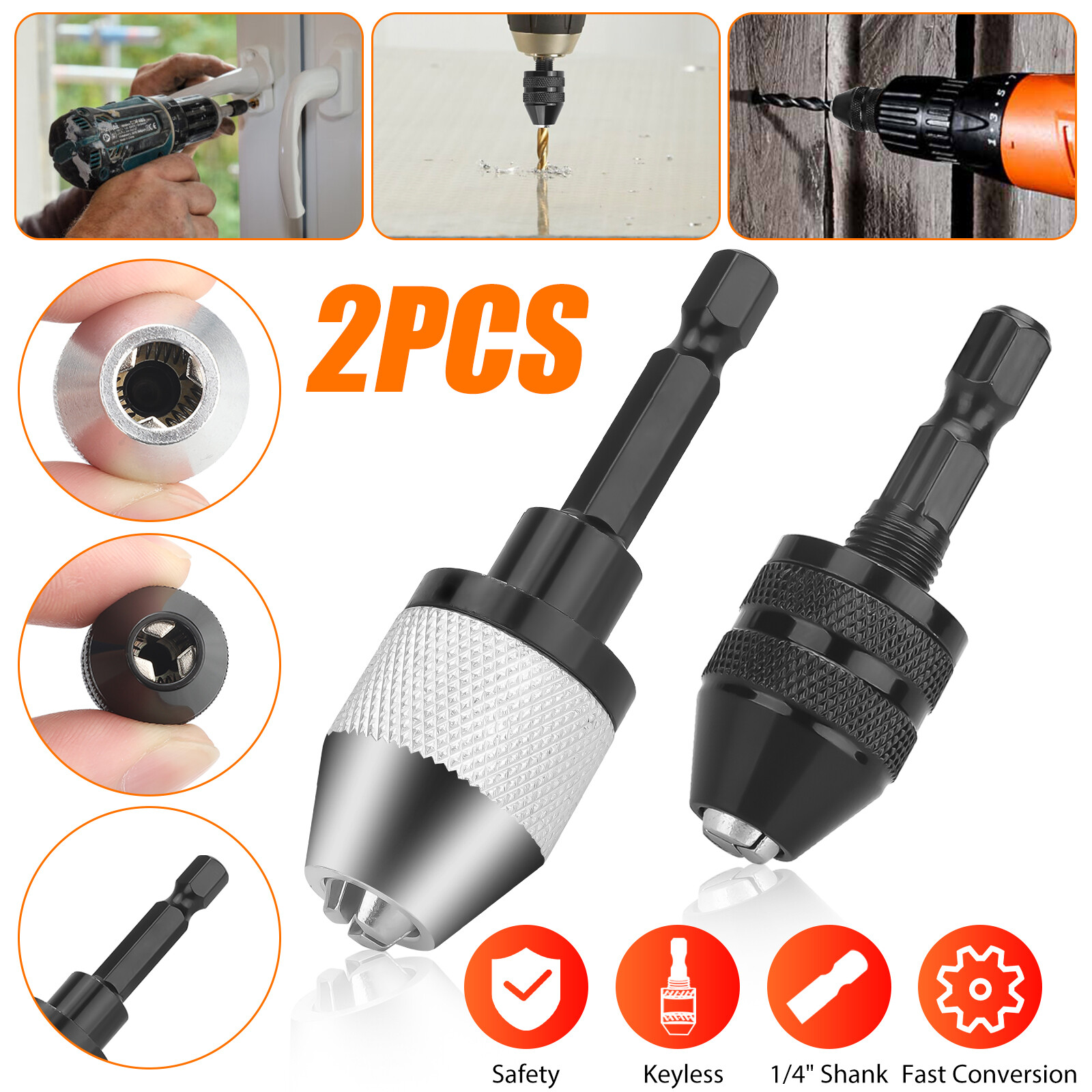 2x Keyless Chuck Conversion 1/4″ Hex Shank Adapter Drill Bit Quick Change Driver