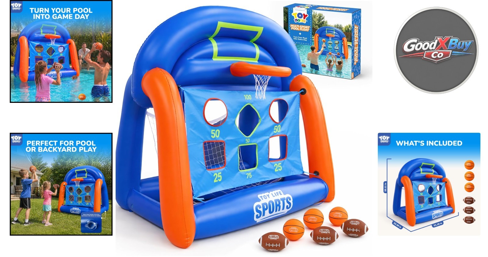 Inflatable Multi-Sport Pool Games for Kids Teens Adults with Basketball Football